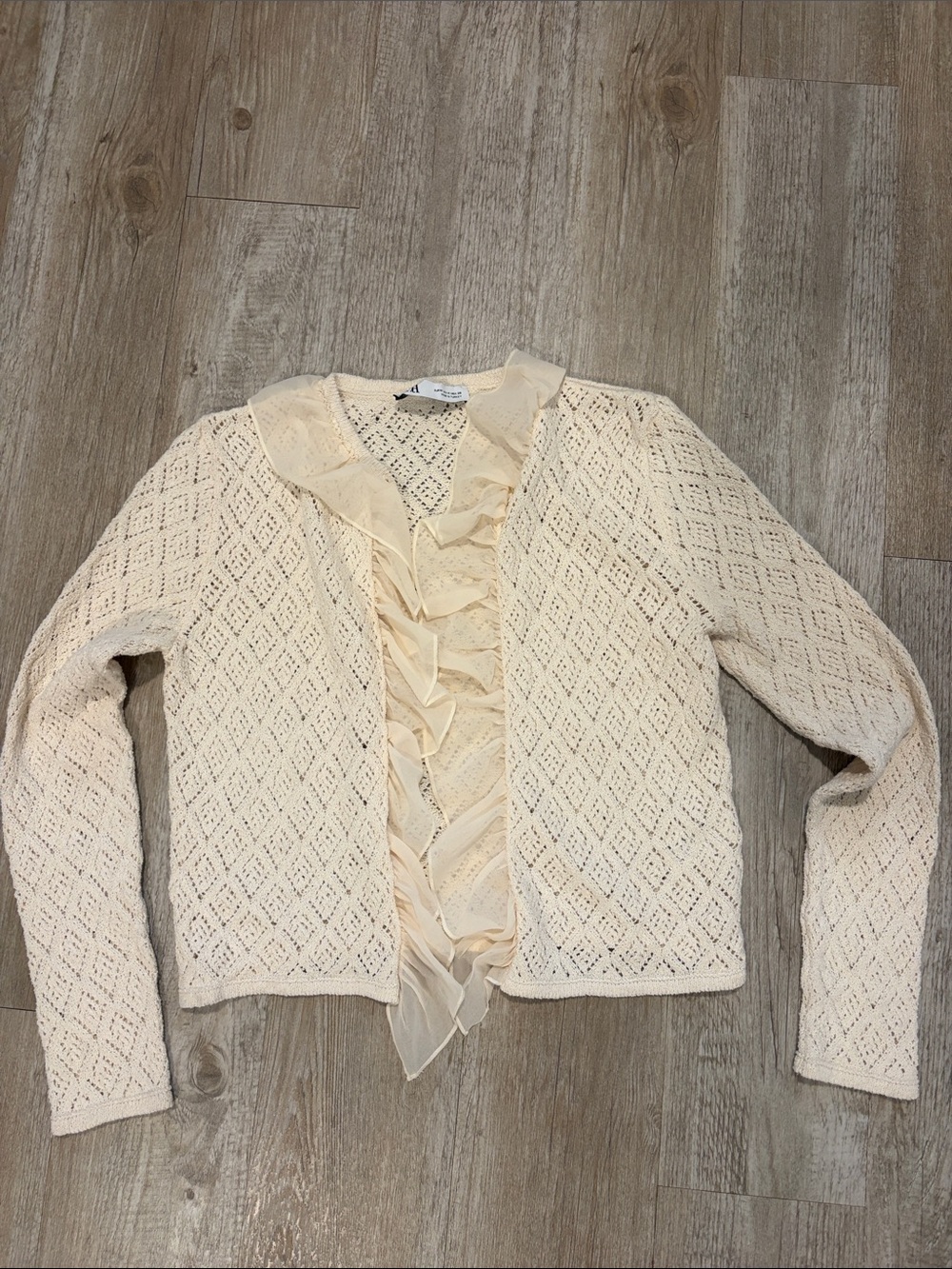 ZARA Cream Ruffle-Front Open Knit Sweater